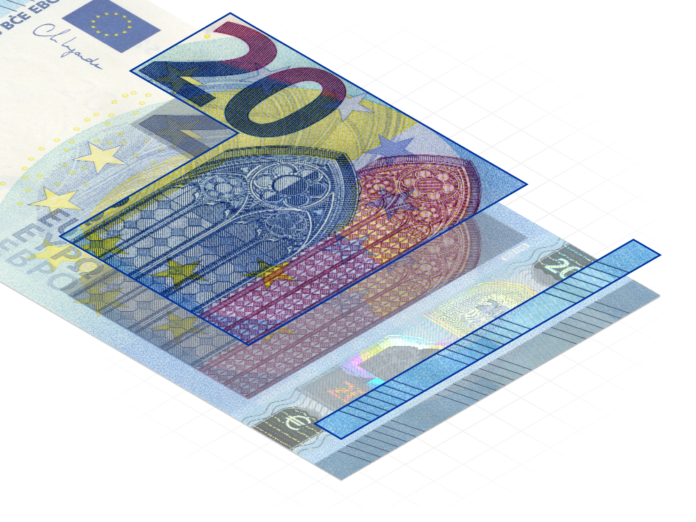 Detaliu al unei bancnote de 20 EUR, care evidențiază elementele grafice în relief ale acesteia: numărul care indică valoarea nominală, desenul principal, care prezintă diferite stiluri arhitecturale, și caracteristicile tactile.